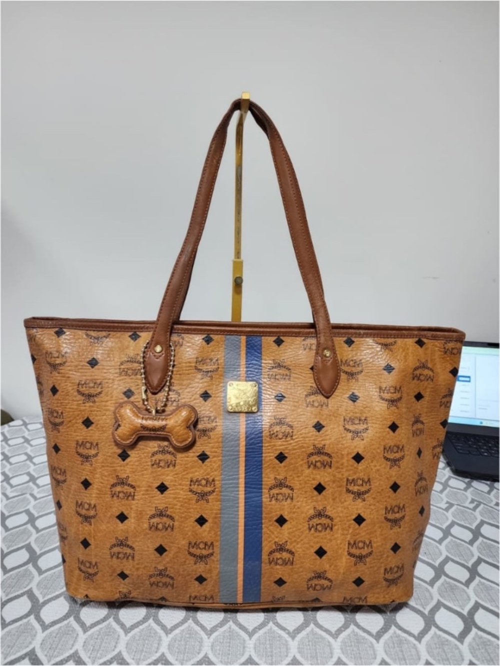 Authentic MCM Visetos Striped Shopper Tote Bag Cognac